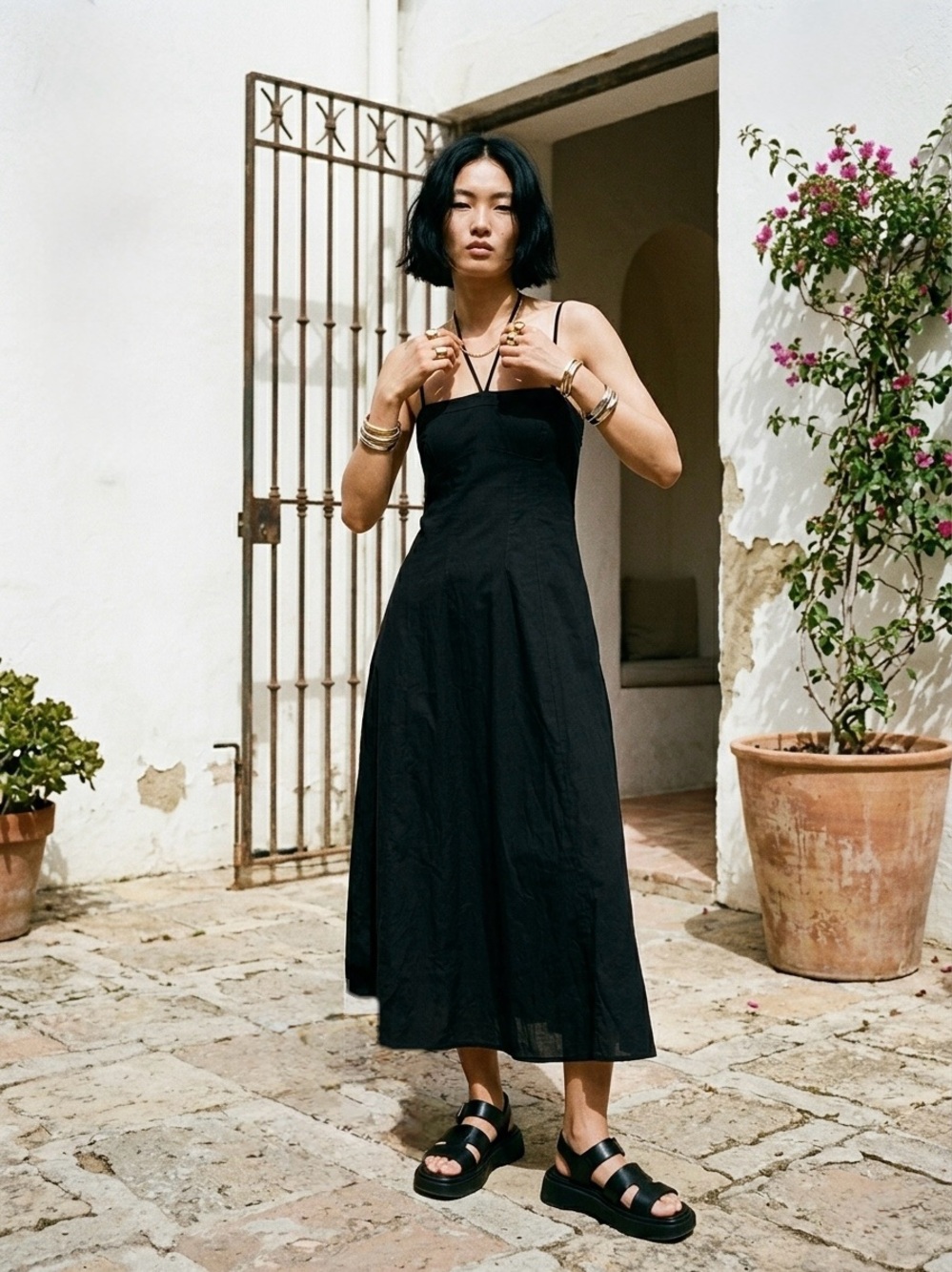 Zara Black Corset Style Halter Spaghetti Strap Maxi Dress L